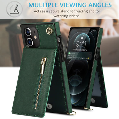 For iPhone 12 / 12 Pro Cross-body Zipper Square TPU+PU Back Cover Case with Holder & Card Slots & Wallet & Strap(Green) by buy2fix