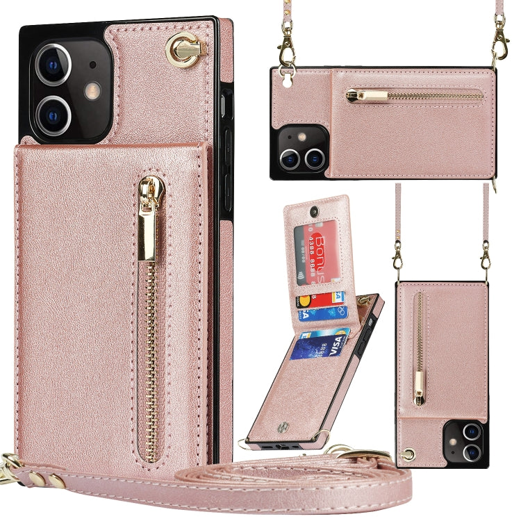 For iPhone 12 / 12 Pro Cross-body Zipper Square TPU+PU Back Cover Case with Holder & Card Slots & Wallet & Strap(Rose Gold) by buy2fix