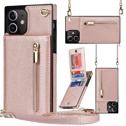 For iPhone 12 / 12 Pro Cross-body Zipper Square TPU+PU Back Cover Case with Holder & Card Slots & Wallet & Strap(Rose Gold) by buy2fix