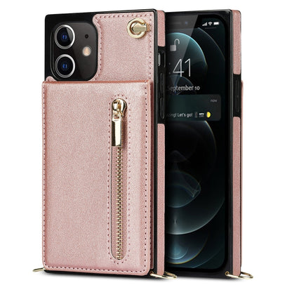For iPhone 12 / 12 Pro Cross-body Zipper Square TPU+PU Back Cover Case with Holder & Card Slots & Wallet & Strap(Rose Gold) by buy2fix