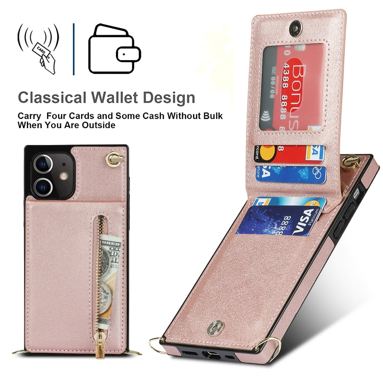 For iPhone 12 / 12 Pro Cross-body Zipper Square TPU+PU Back Cover Case with Holder & Card Slots & Wallet & Strap(Rose Gold) by buy2fix