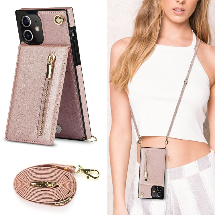 For iPhone 12 / 12 Pro Cross-body Zipper Square TPU+PU Back Cover Case with Holder & Card Slots & Wallet & Strap(Rose Gold) by buy2fix