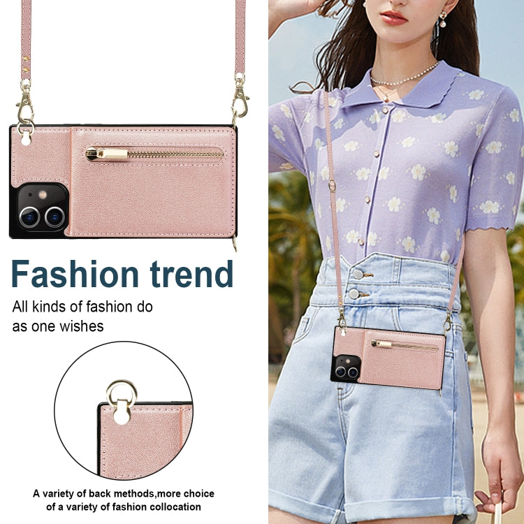 For iPhone 12 / 12 Pro Cross-body Zipper Square TPU+PU Back Cover Case with Holder & Card Slots & Wallet & Strap(Rose Gold) by buy2fix