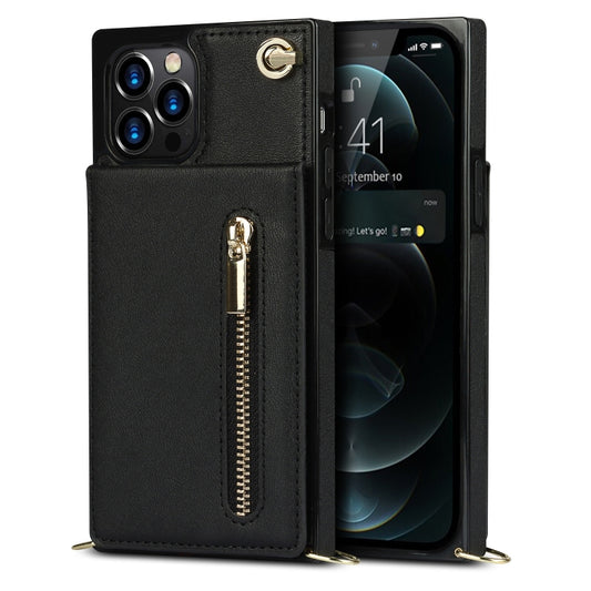 For iPhone 12 Pro Max Cross-body Zipper Square TPU+PU Back Cover Case with Holder & Card Slots & Wallet & Strap(Black) by buy2fix