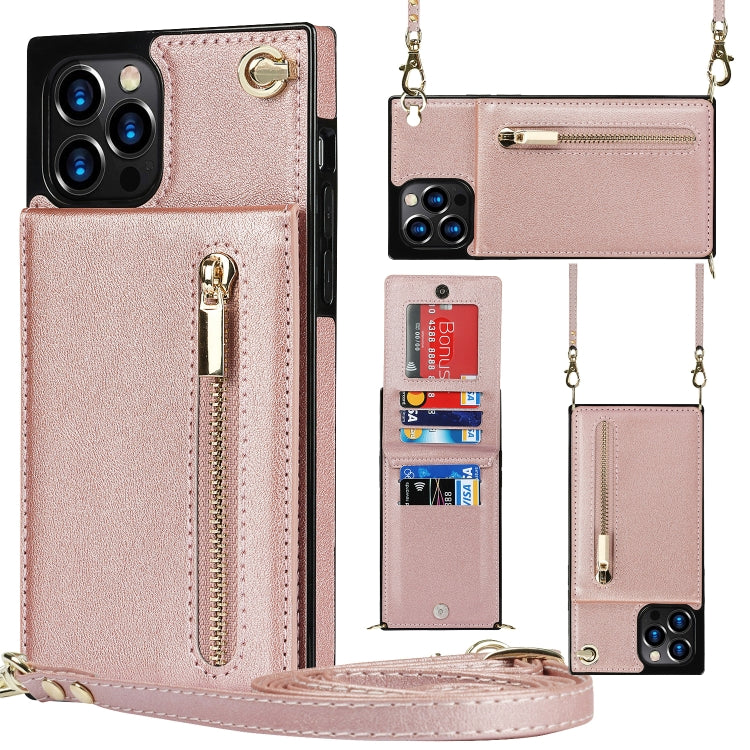 For iPhone 12 Pro Max Cross-body Zipper Square TPU+PU Back Cover Case with Holder & Card Slots & Wallet & Strap(Rose Gold) by buy2fix