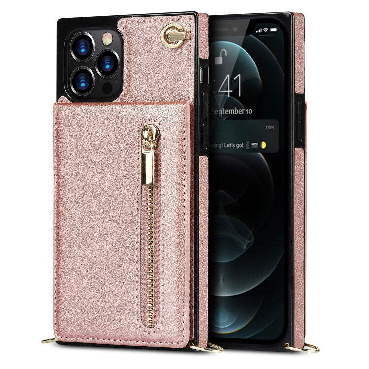 For iPhone 12 Pro Max Cross-body Zipper Square TPU+PU Back Cover Case with Holder & Card Slots & Wallet & Strap(Rose Gold) by buy2fix