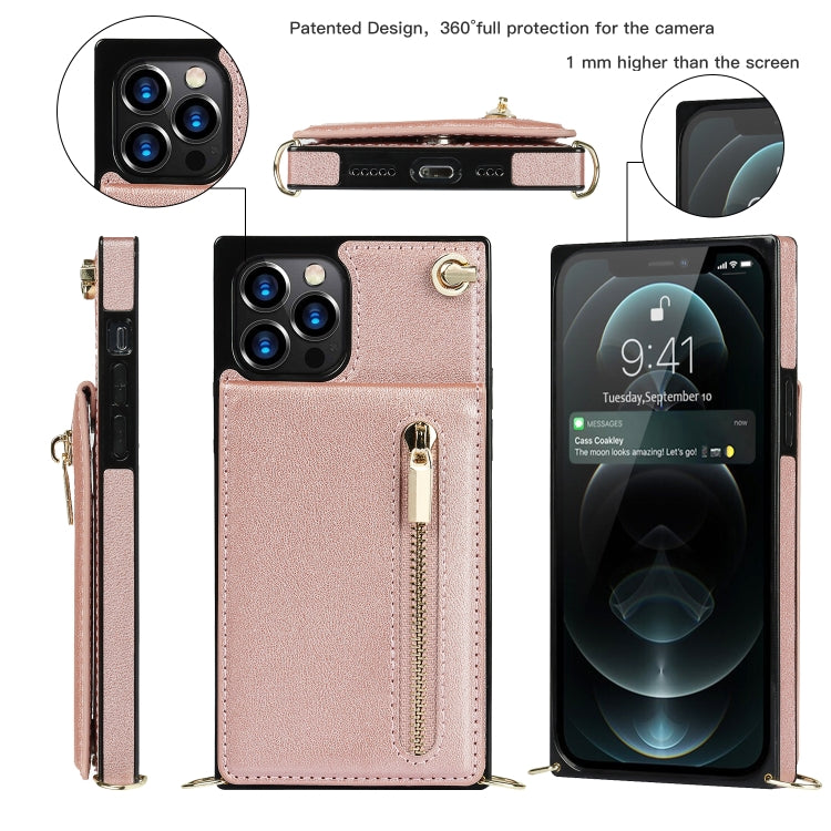 For iPhone 12 Pro Max Cross-body Zipper Square TPU+PU Back Cover Case with Holder & Card Slots & Wallet & Strap(Rose Gold) by buy2fix