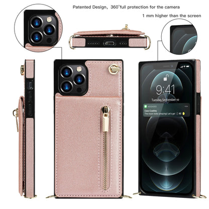 For iPhone 12 Pro Max Cross-body Zipper Square TPU+PU Back Cover Case with Holder & Card Slots & Wallet & Strap(Rose Gold) by buy2fix