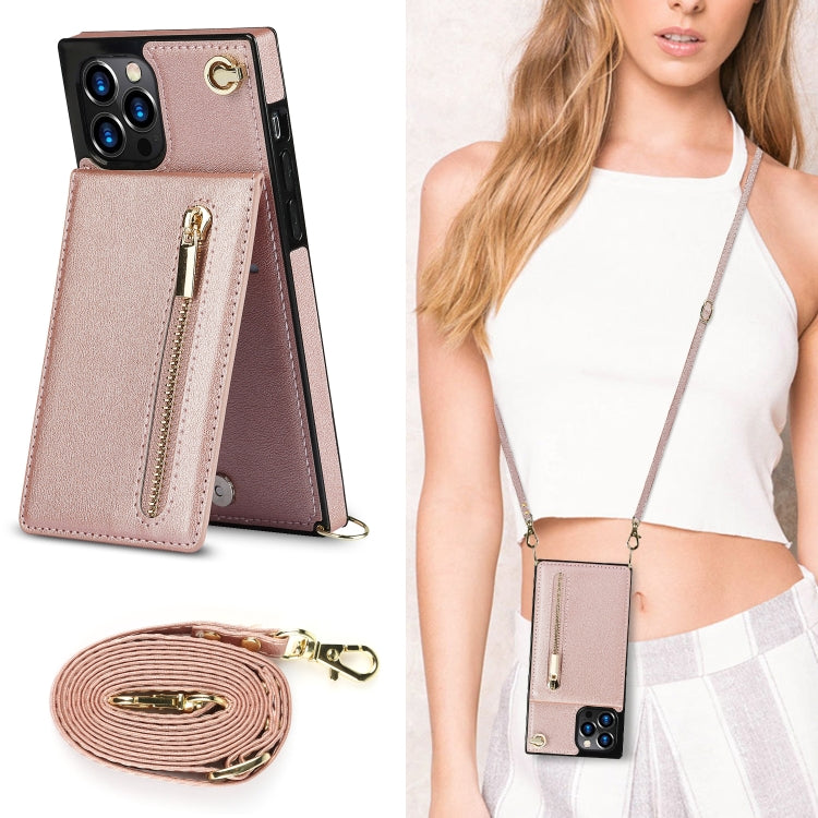 For iPhone 12 Pro Max Cross-body Zipper Square TPU+PU Back Cover Case with Holder & Card Slots & Wallet & Strap(Rose Gold) by buy2fix