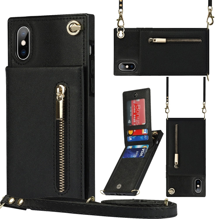 For iPhone X / XS Cross-body Zipper Square TPU+PU Back Cover Case with Holder & Card Slots & Wallet & Strap(Black) - More iPhone Cases by buy2fix | Online Shopping UK | buy2fix