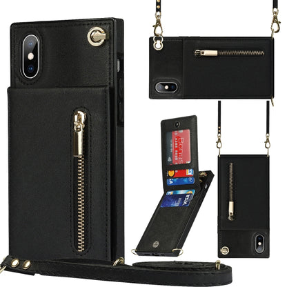 For iPhone X / XS Cross-body Zipper Square TPU+PU Back Cover Case with Holder & Card Slots & Wallet & Strap(Black) - More iPhone Cases by buy2fix | Online Shopping UK | buy2fix