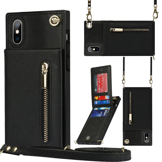 For iPhone X / XS Cross-body Zipper Square TPU+PU Back Cover Case with Holder & Card Slots & Wallet & Strap(Black) - More iPhone Cases by buy2fix | Online Shopping UK | buy2fix