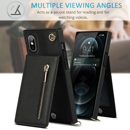 For iPhone X / XS Cross-body Zipper Square TPU+PU Back Cover Case with Holder & Card Slots & Wallet & Strap(Black) - More iPhone Cases by buy2fix | Online Shopping UK | buy2fix
