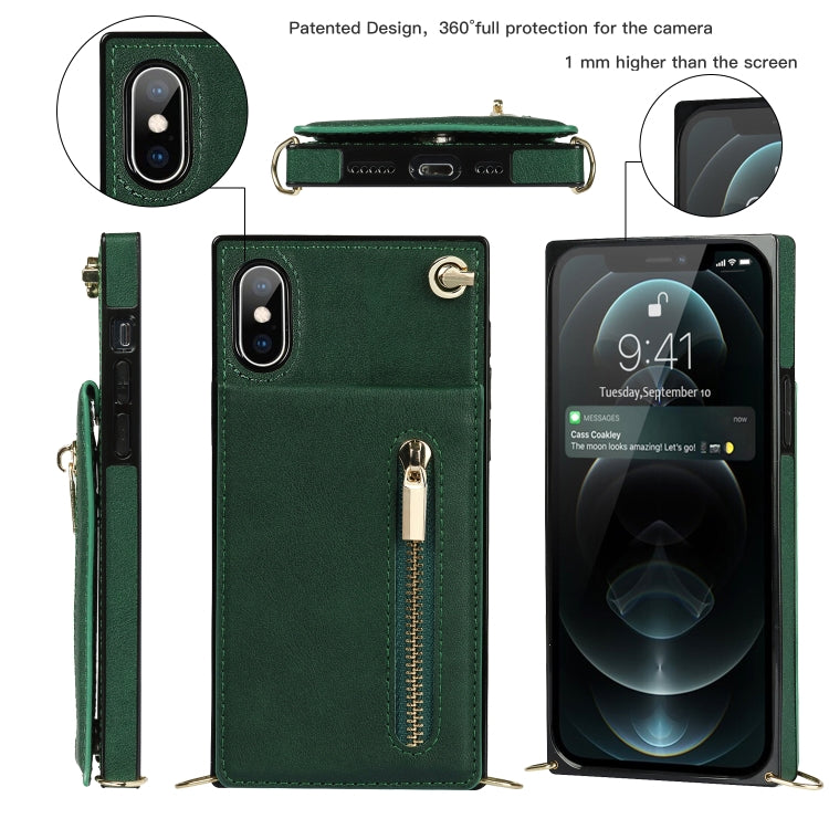 For iPhone X / XS Cross-body Zipper Square TPU+PU Back Cover Case with Holder & Card Slots & Wallet & Strap(Green) - More iPhone Cases by buy2fix | Online Shopping UK | buy2fix