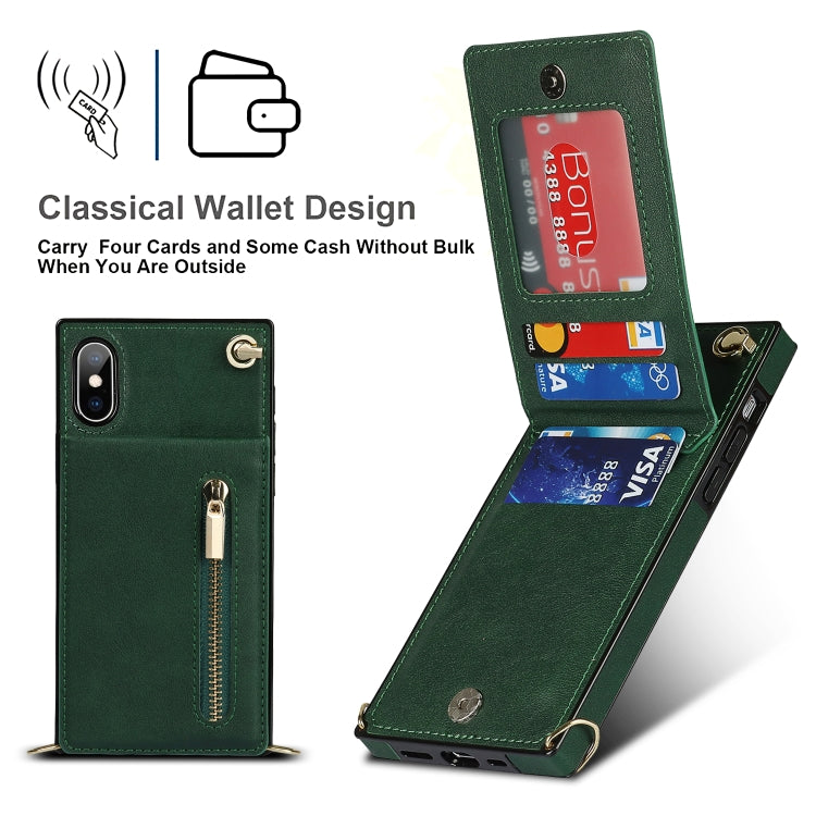 For iPhone X / XS Cross-body Zipper Square TPU+PU Back Cover Case with Holder & Card Slots & Wallet & Strap(Green) - More iPhone Cases by buy2fix | Online Shopping UK | buy2fix