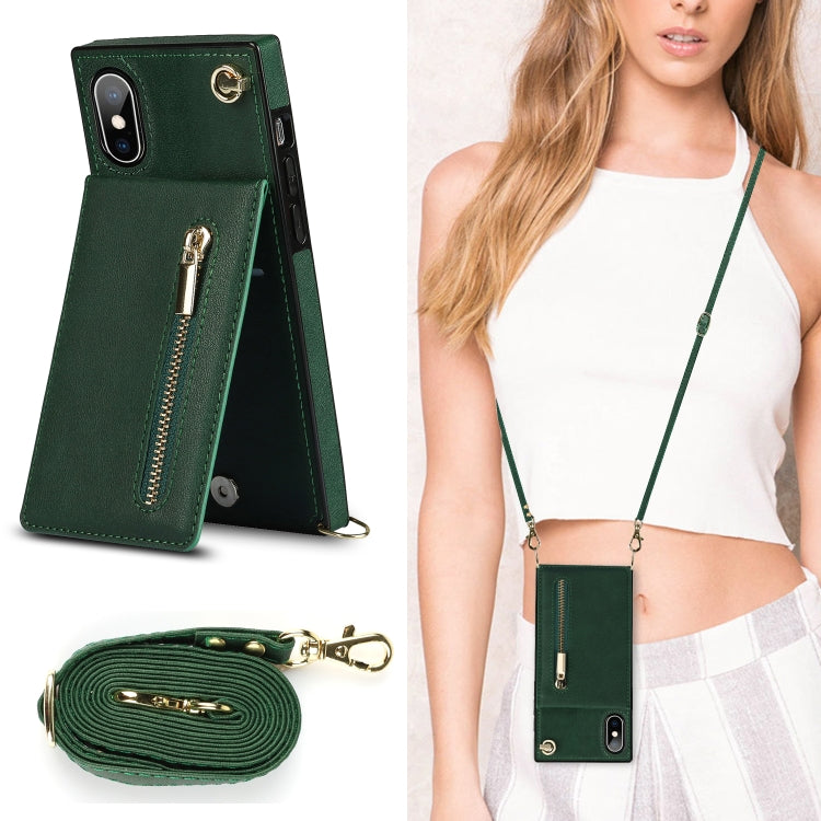 For iPhone X / XS Cross-body Zipper Square TPU+PU Back Cover Case with Holder & Card Slots & Wallet & Strap(Green) - More iPhone Cases by buy2fix | Online Shopping UK | buy2fix