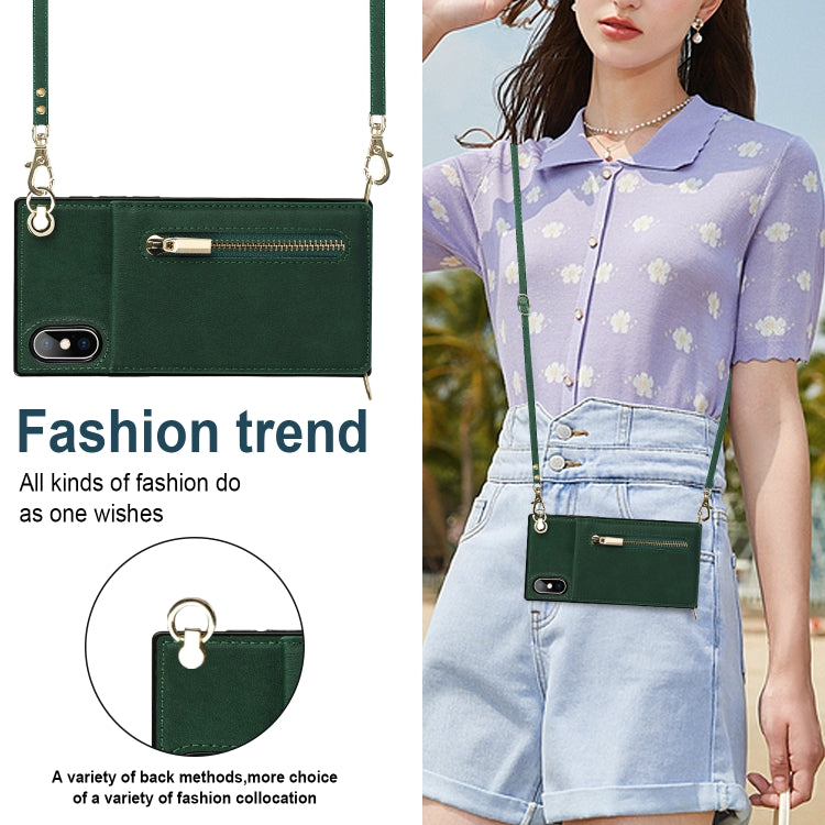 For iPhone X / XS Cross-body Zipper Square TPU+PU Back Cover Case with Holder & Card Slots & Wallet & Strap(Green) - More iPhone Cases by buy2fix | Online Shopping UK | buy2fix