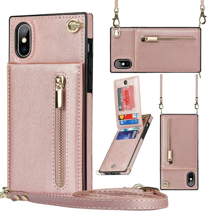 For iPhone X / XS Cross-body Zipper Square TPU+PU Back Cover Case with Holder & Card Slots & Wallet & Strap(Rose Gold) by buy2fix