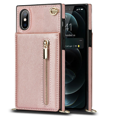 For iPhone X / XS Cross-body Zipper Square TPU+PU Back Cover Case with Holder & Card Slots & Wallet & Strap(Rose Gold) by buy2fix