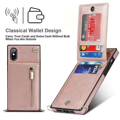 For iPhone X / XS Cross-body Zipper Square TPU+PU Back Cover Case with Holder & Card Slots & Wallet & Strap(Rose Gold) by buy2fix