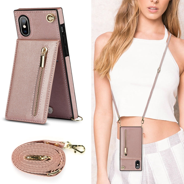 For iPhone X / XS Cross-body Zipper Square TPU+PU Back Cover Case with Holder & Card Slots & Wallet & Strap(Rose Gold) by buy2fix