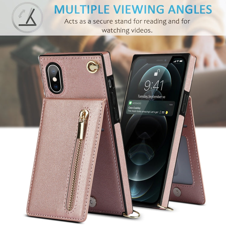 For iPhone X / XS Cross-body Zipper Square TPU+PU Back Cover Case with Holder & Card Slots & Wallet & Strap(Rose Gold) by buy2fix