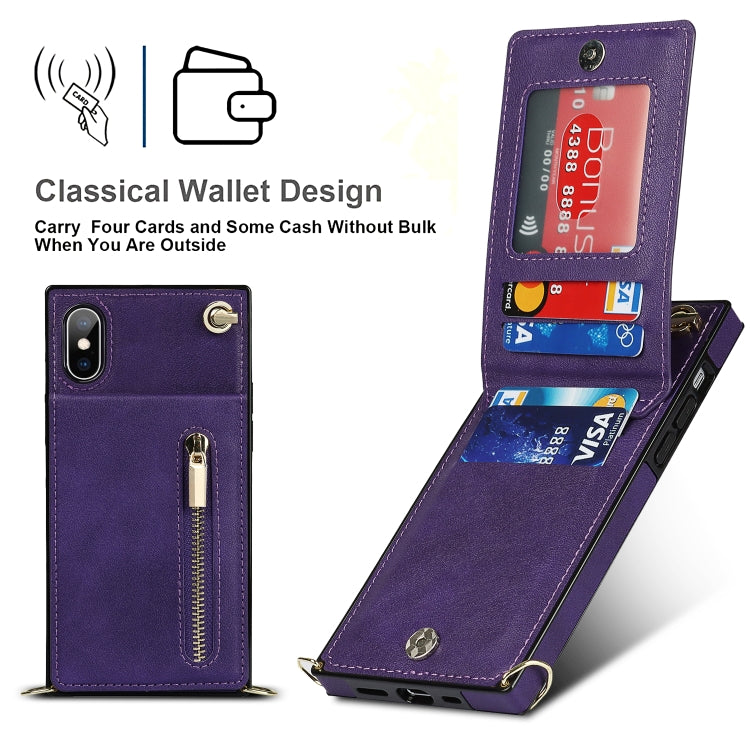For iPhone X / XS Cross-body Zipper Square TPU+PU Back Cover Case with Holder & Card Slots & Wallet & Strap(Purple) - More iPhone Cases by buy2fix | Online Shopping UK | buy2fix