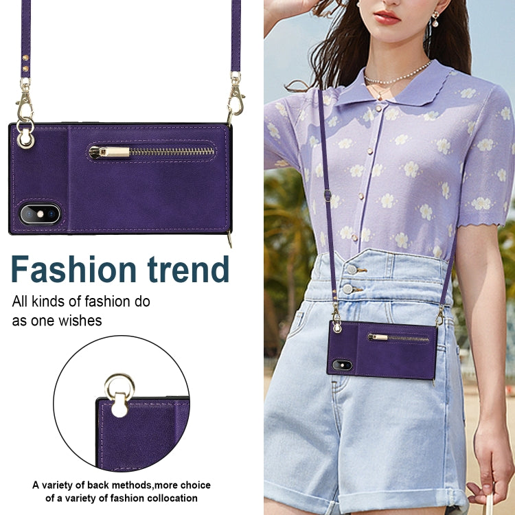 For iPhone X / XS Cross-body Zipper Square TPU+PU Back Cover Case with Holder & Card Slots & Wallet & Strap(Purple) - More iPhone Cases by buy2fix | Online Shopping UK | buy2fix