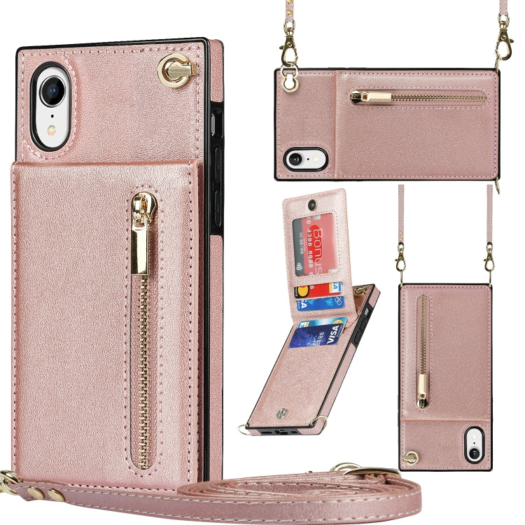 For iPhone XR Cross-body Zipper Square TPU+PU Back Cover Case with Holder & Card Slots & Wallet & Strap(Rose Gold) by buy2fix