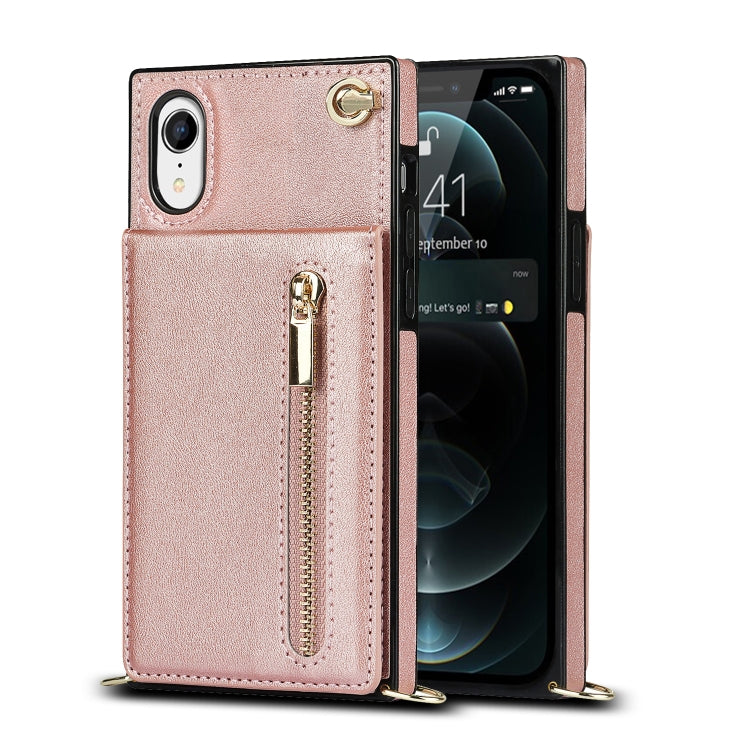For iPhone XR Cross-body Zipper Square TPU+PU Back Cover Case with Holder & Card Slots & Wallet & Strap(Rose Gold) by buy2fix