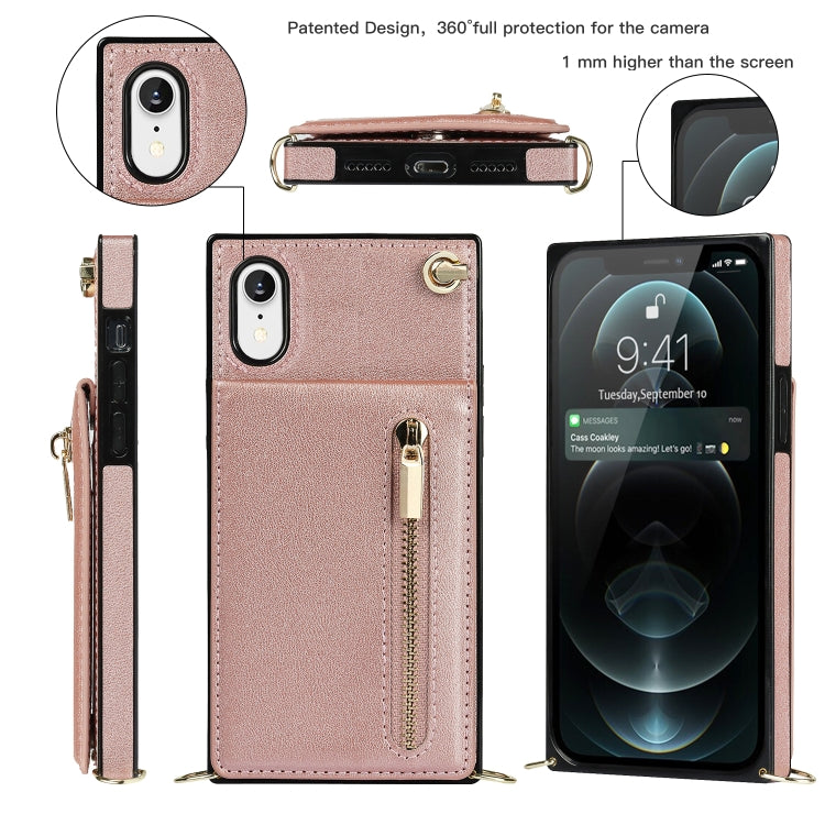 For iPhone XR Cross-body Zipper Square TPU+PU Back Cover Case with Holder & Card Slots & Wallet & Strap(Rose Gold) by buy2fix