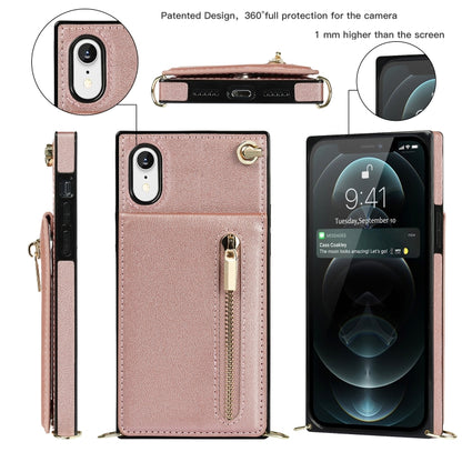 For iPhone XR Cross-body Zipper Square TPU+PU Back Cover Case with Holder & Card Slots & Wallet & Strap(Rose Gold) by buy2fix