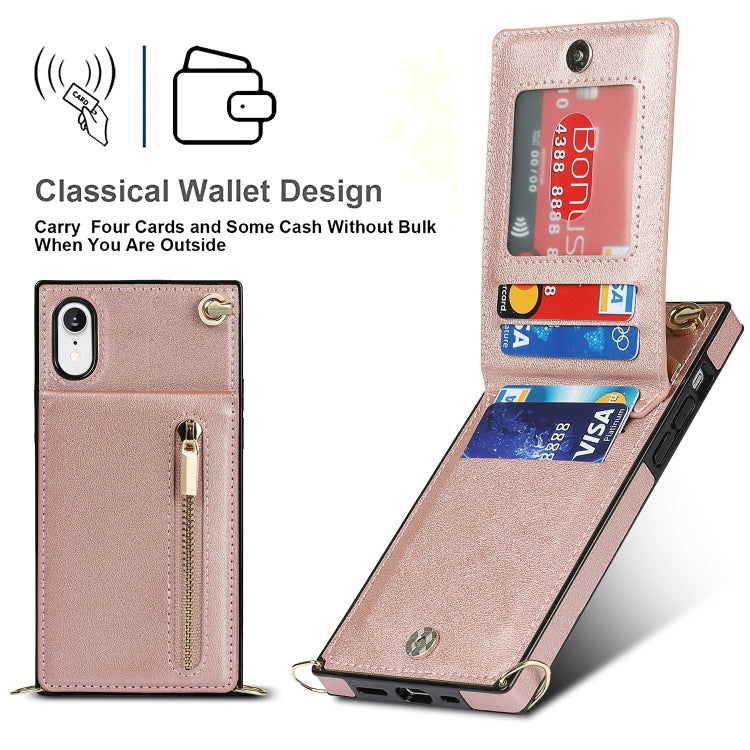 For iPhone XR Cross-body Zipper Square TPU+PU Back Cover Case with Holder & Card Slots & Wallet & Strap(Rose Gold) by buy2fix