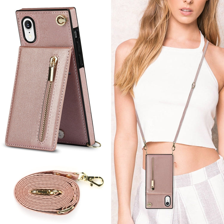 For iPhone XR Cross-body Zipper Square TPU+PU Back Cover Case with Holder & Card Slots & Wallet & Strap(Rose Gold) by buy2fix