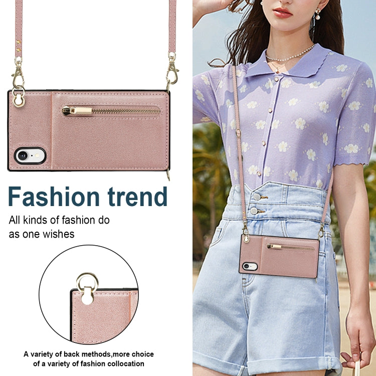 For iPhone XR Cross-body Zipper Square TPU+PU Back Cover Case with Holder & Card Slots & Wallet & Strap(Rose Gold) by buy2fix