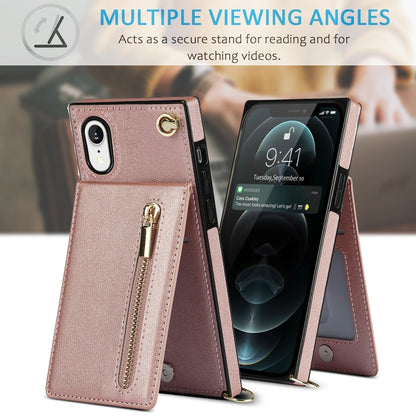 For iPhone XR Cross-body Zipper Square TPU+PU Back Cover Case with Holder & Card Slots & Wallet & Strap(Rose Gold) by buy2fix
