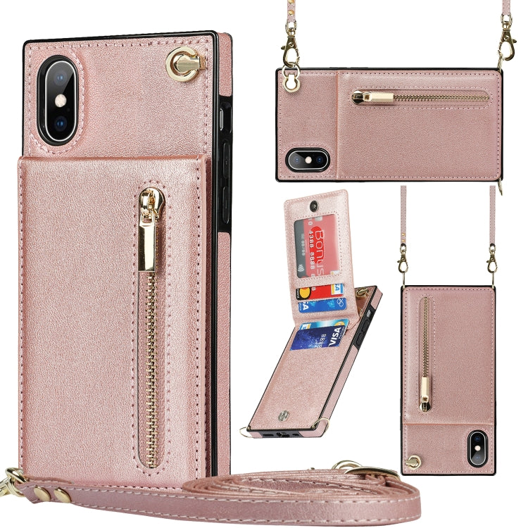 For iPhone XS Max Cross-body Zipper Square TPU+PU Back Cover Case with Holder & Card Slots & Wallet & Strap(Rose Gold) by buy2fix