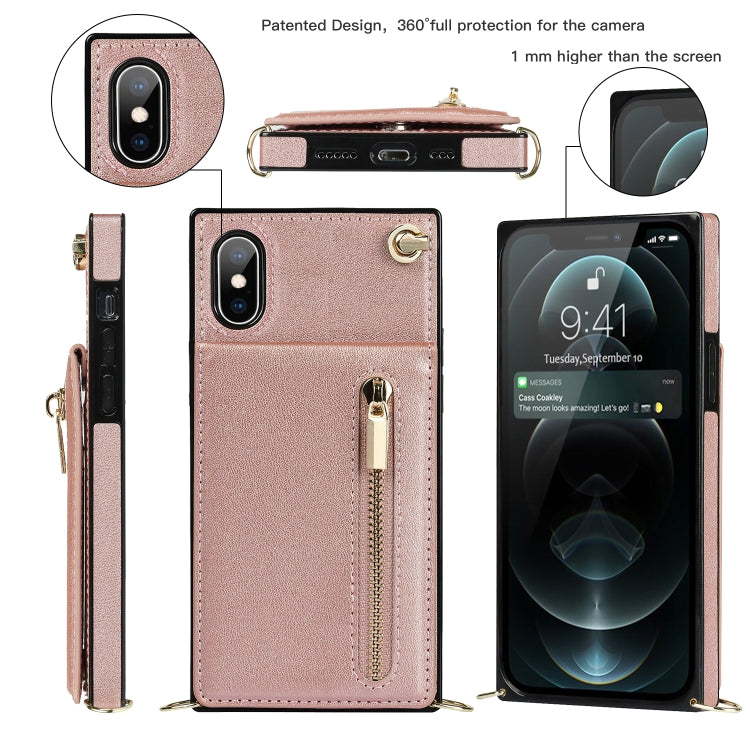 For iPhone XS Max Cross-body Zipper Square TPU+PU Back Cover Case with Holder & Card Slots & Wallet & Strap(Rose Gold) by buy2fix