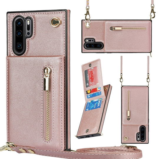 For Huawei P30 Pro Cross-body Zipper Square TPU+PU Back Cover Case with Holder & Card Slots & Wallet & Strap(Rose Gold)