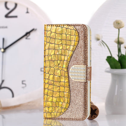 For iPhone 13 Pro Max Laser Glitter Powder Matching Crocodile Texture Horizontal Flip Leather Case with Card Slots & Holder & Wallet (Gold) - iPhone 13 Pro Max Cases by buy2fix | Online Shopping UK | buy2fix