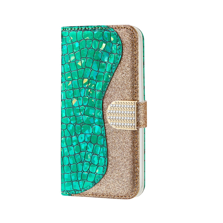 For iPhone 13 mini Laser Glitter Powder Matching Crocodile Texture Horizontal Flip Leather Case with Card Slots & Holder & Wallet (Green) by buy2fix