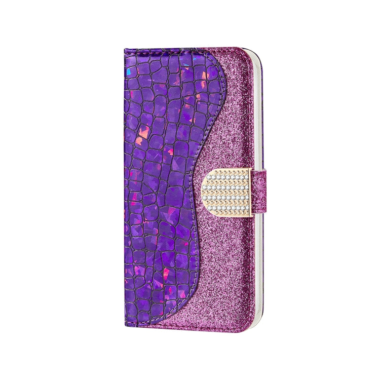 For iPhone 13 mini Laser Glitter Powder Matching Crocodile Texture Horizontal Flip Leather Case with Card Slots & Holder & Wallet (Purple) by buy2fix