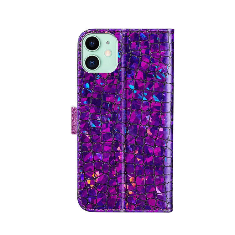 For iPhone 13 mini Laser Glitter Powder Matching Crocodile Texture Horizontal Flip Leather Case with Card Slots & Holder & Wallet (Purple) by buy2fix