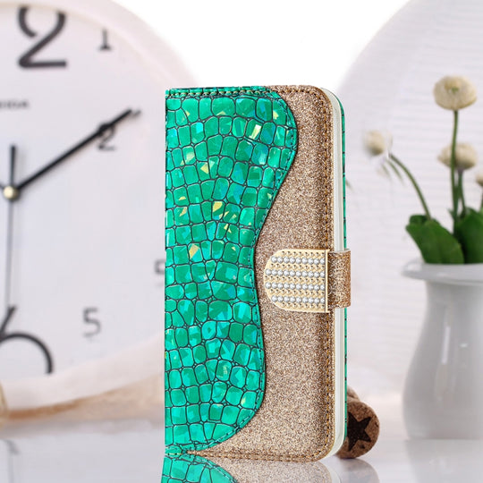 For Samsung Galaxy A03s EU Version Laser Glitter Powder Matching Crocodile Texture Horizontal Flip Leather Case with Card Slots & Holder & Wallet(Green)