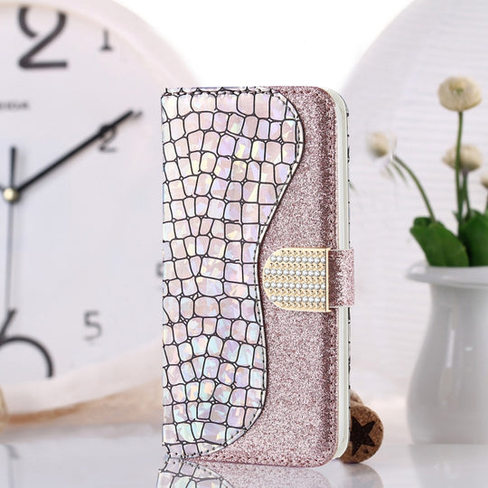 For Samsung Galaxy A03s EU Version Laser Glitter Powder Matching Crocodile Texture Horizontal Flip Leather Case with Card Slots & Holder & Wallet(Silver)
