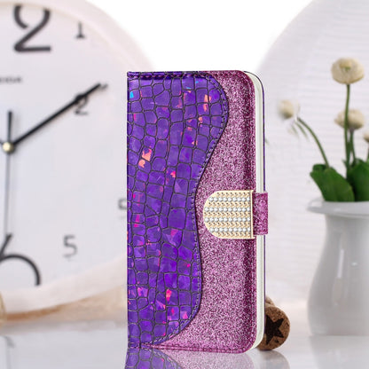For Samsung Galaxy A03s EU Version Laser Glitter Powder Matching Crocodile Texture Horizontal Flip Leather Case with Card Slots & Holder & Wallet(Purple) by buy2fix