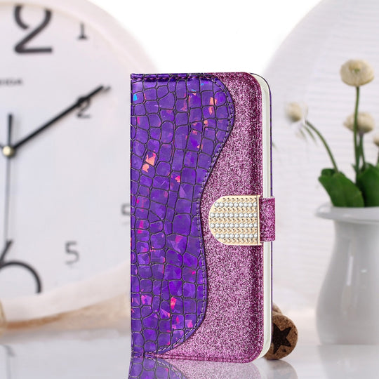 For Samsung Galaxy A03s EU Version Laser Glitter Powder Matching Crocodile Texture Horizontal Flip Leather Case with Card Slots & Holder & Wallet(Purple)