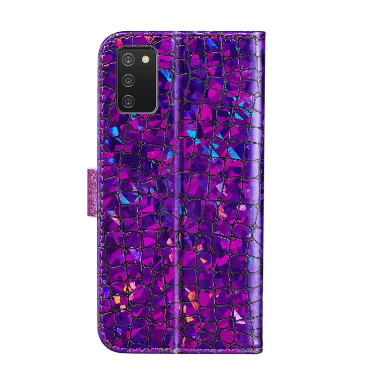 For Samsung Galaxy A03s EU Version Laser Glitter Powder Matching Crocodile Texture Horizontal Flip Leather Case with Card Slots & Holder & Wallet(Purple) by buy2fix