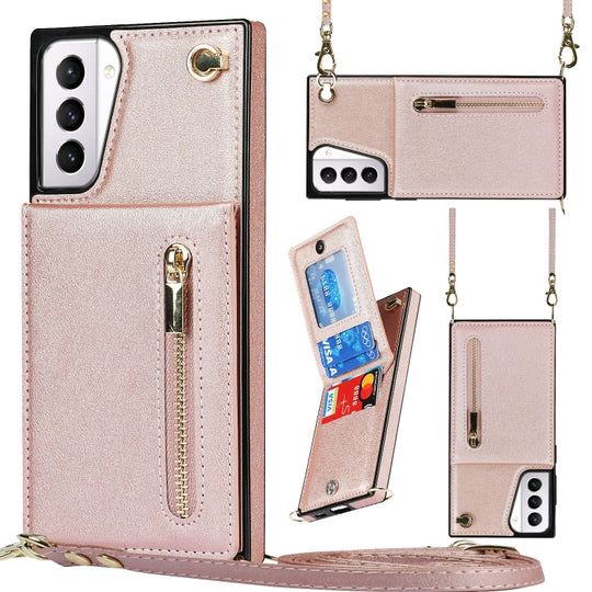 For Samsung Galaxy S21+ 5G Cross-body Zipper Square TPU+PU Back Cover Case with Holder & Card Slots & Wallet & Strap(Rose Gold)