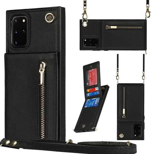 For Samsung Galaxy S20+ Cross-body Zipper Square TPU+PU Back Cover Case with Holder & Card Slots & Wallet & Strap(Black)